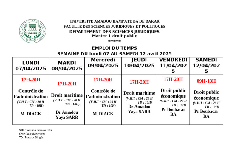 Emploi du temps Master 1 Droit Public | PDF