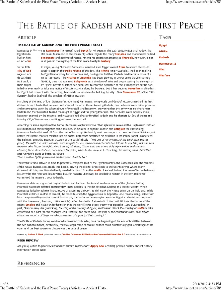 The Battle of Kadesh and The First Peace Treaty (Article) Ancient History Encyclopedia PDF