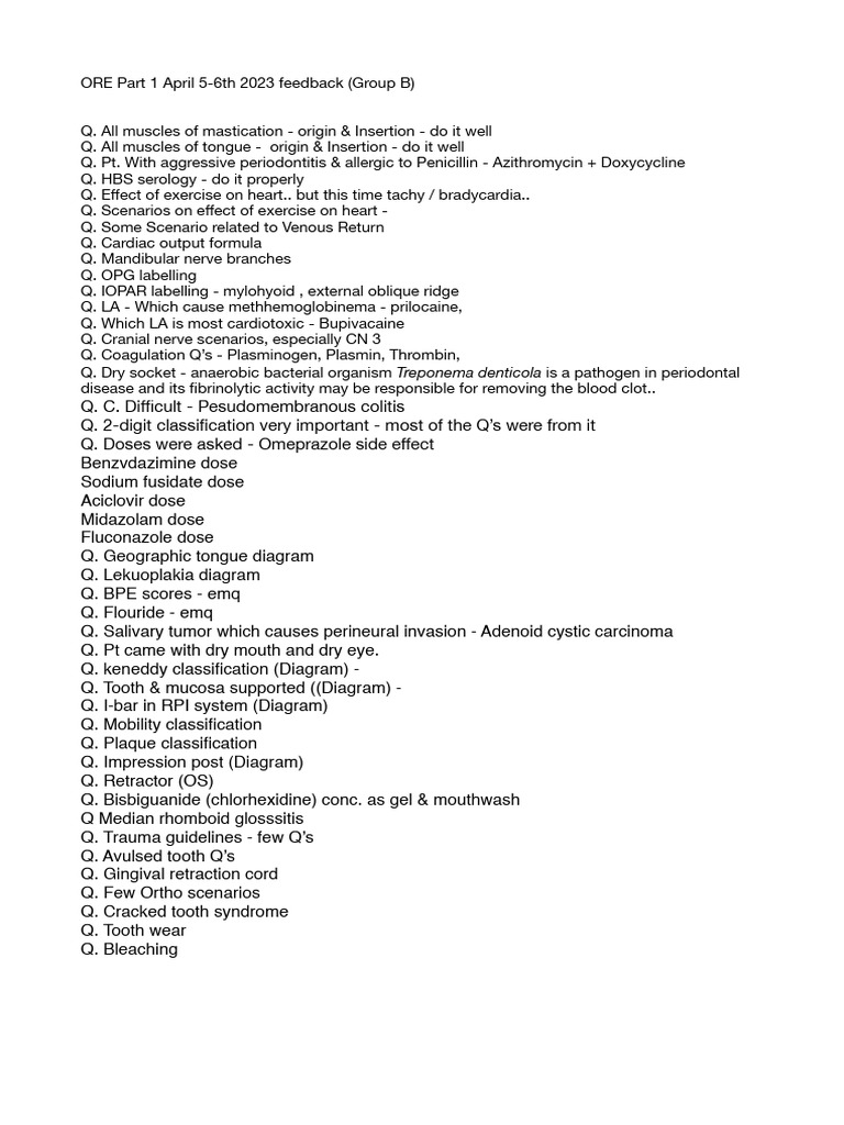 ORE Part 1 Exam Feedback & Study Tips | PDF | Dentures | Human Tooth