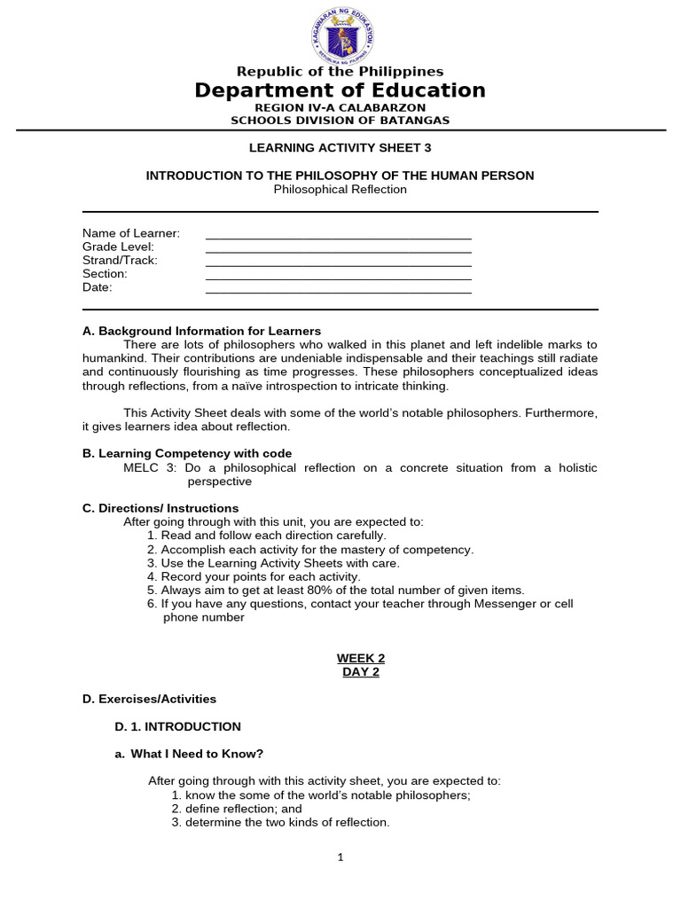 MELC 3 Introduction To Philosophy of The Human Person Activity Sheet ...