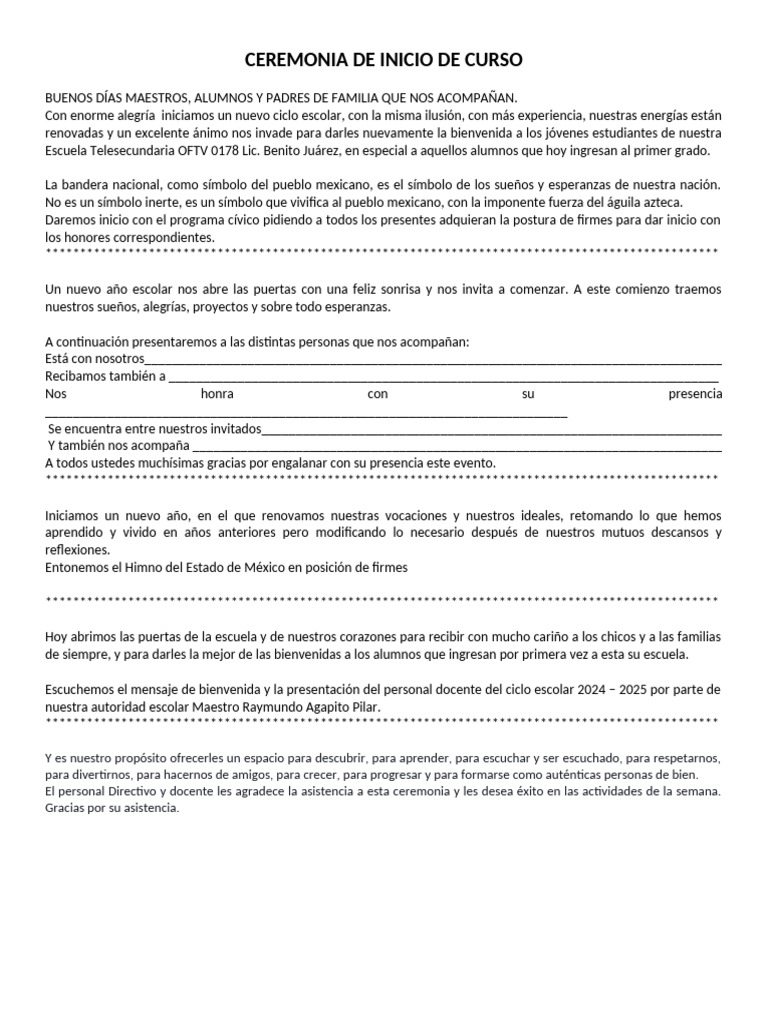 Ceremonia de Inicio del Ciclo Escolar 2024-2025 | PDF