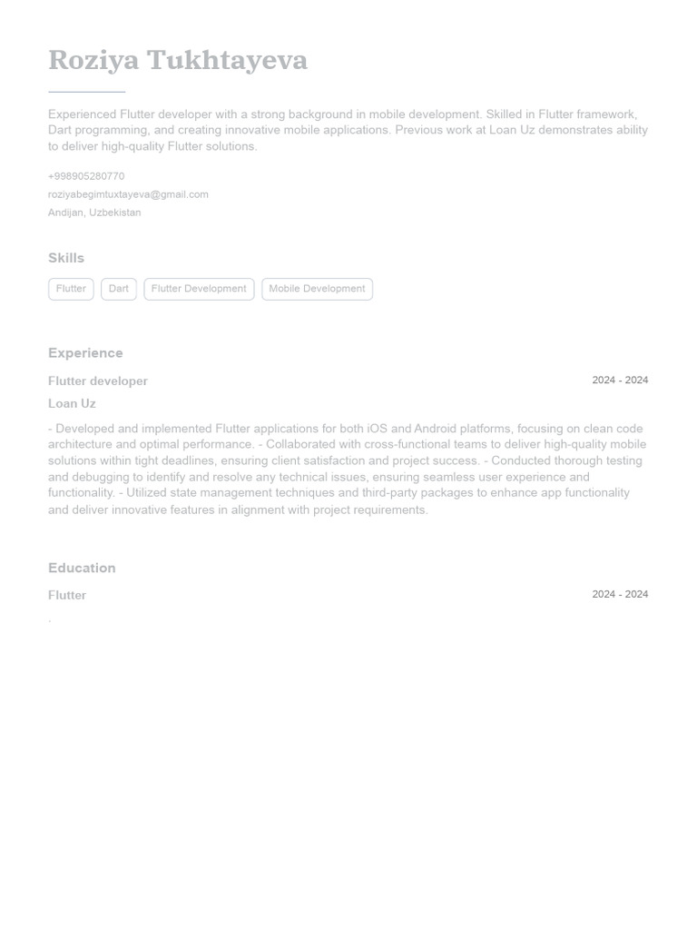 Flutter Developer CV: Roziya Tukhtayeva | PDF