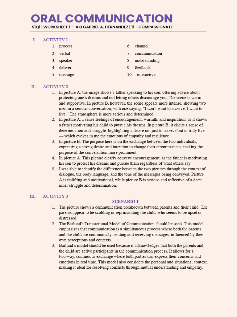 Oral Comm - S1Q1 - Worksheet 1 | PDF | Communication | Cognition
