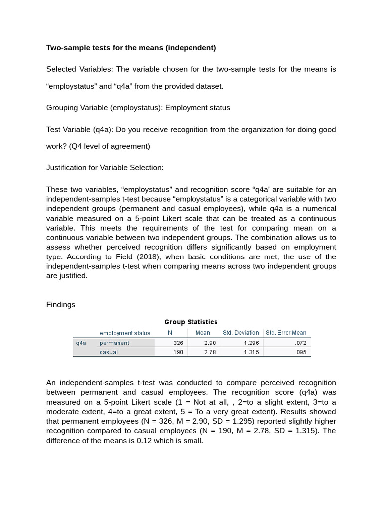 Independent T-Test on Employee Recognition | PDF | Student's T Test ...