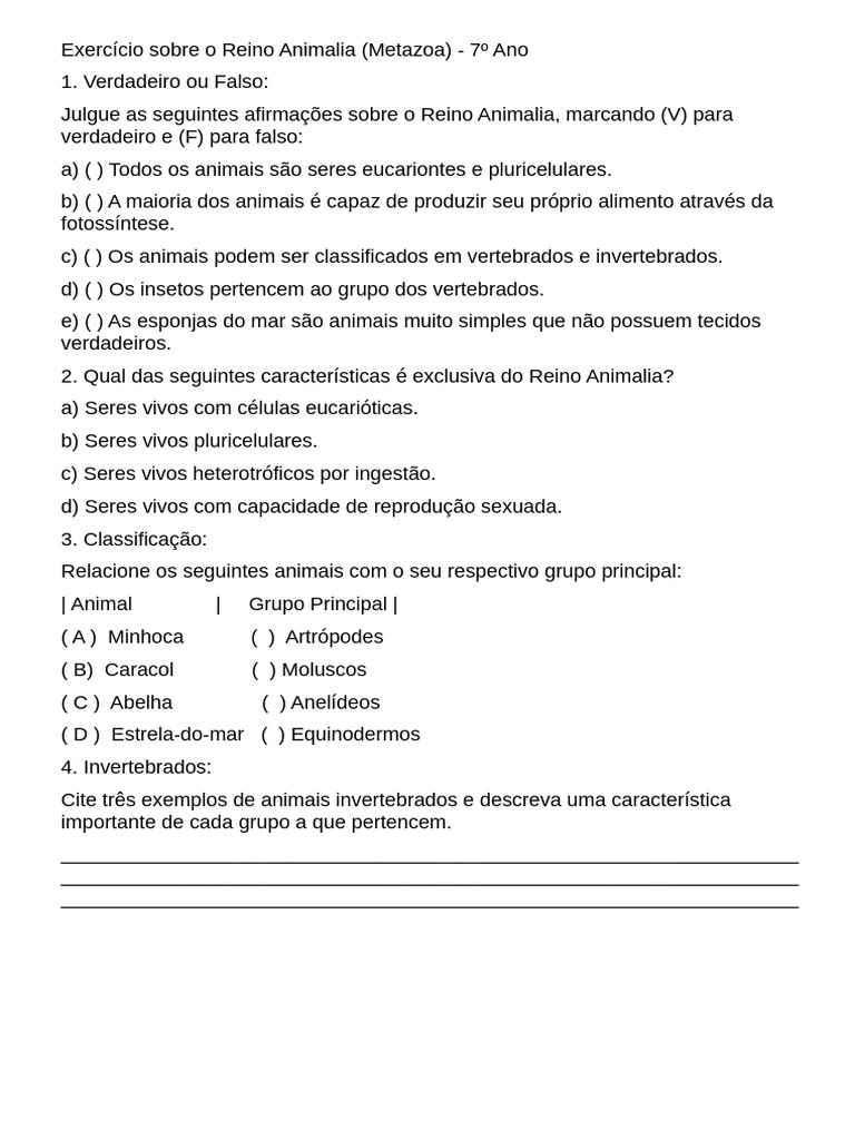 Exercício sobre o Reino Animalia - 7º Ano | PDF | Esponja | Organismos