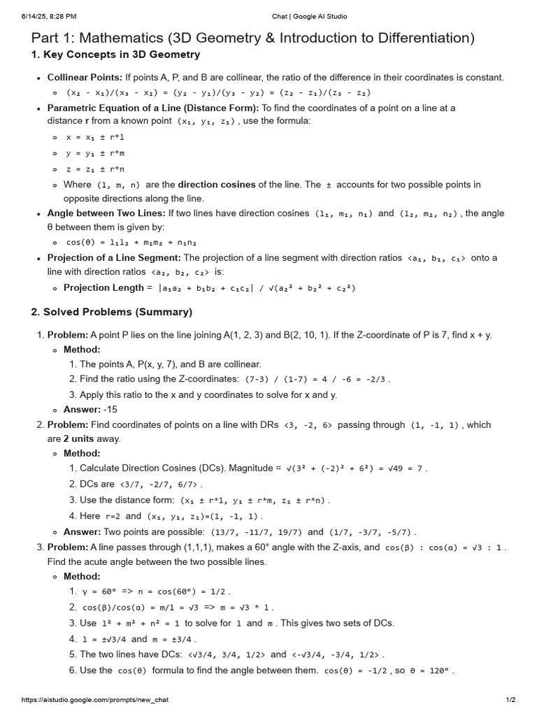3D Geometry and Differentiation Concepts | PDF | Line (Geometry ...
