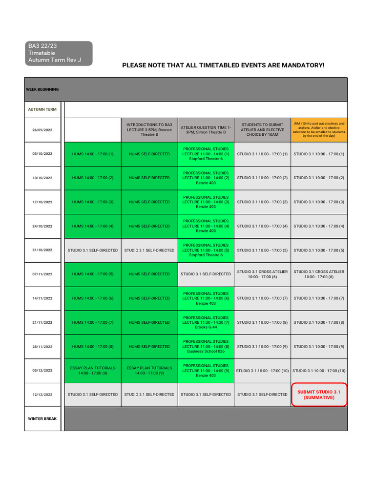 BA3 TIMETABLE 2022-23 Rev J | PDF