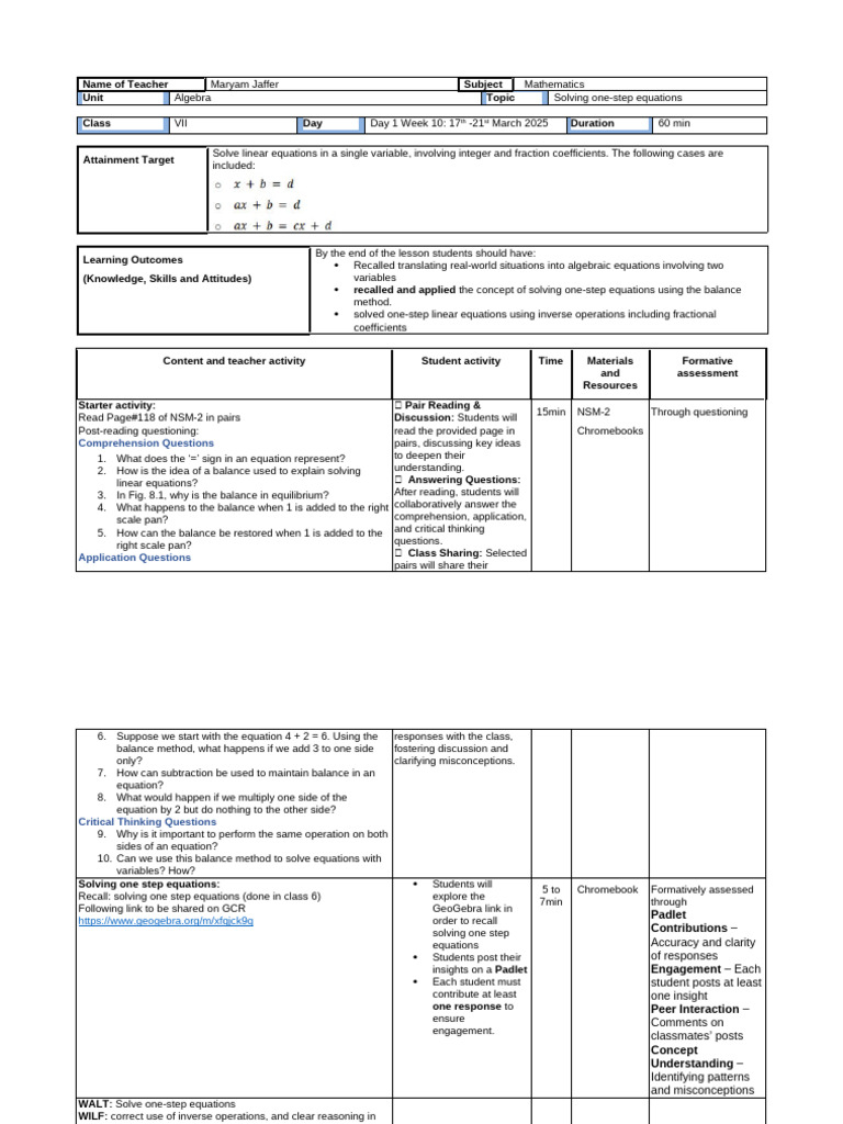 Updated Unit3 Lessonplan | PDF | Equations | Reading Comprehension