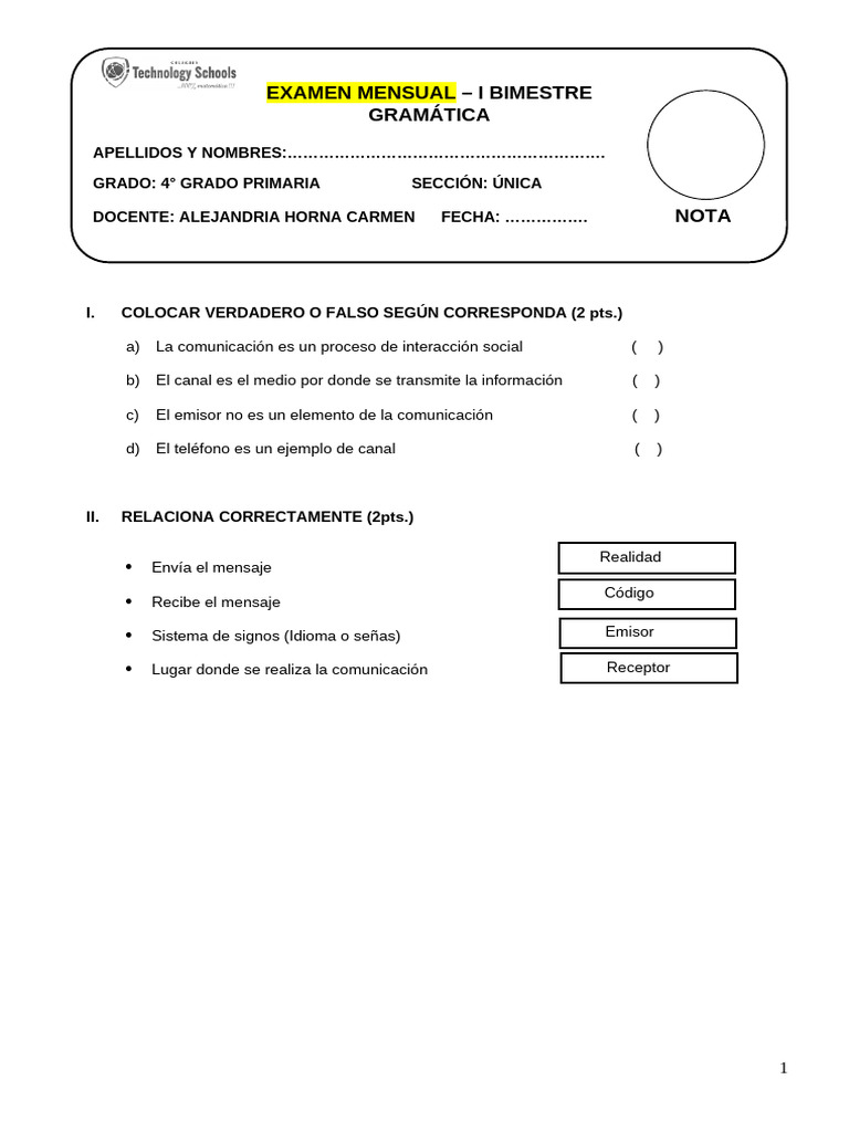 Examen Mensual de Comunicación - 4° Grado | PDF | Comunicación ...
