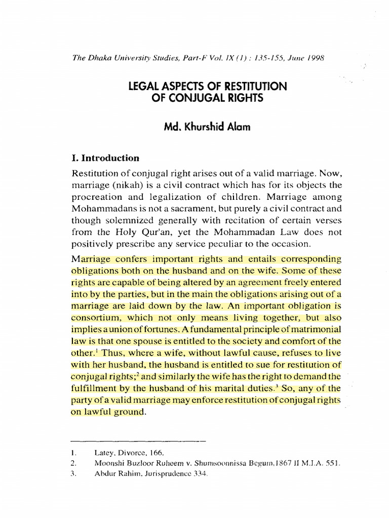 Legal Aspects of Conjugal Rights | PDF | Marriage | Constitution