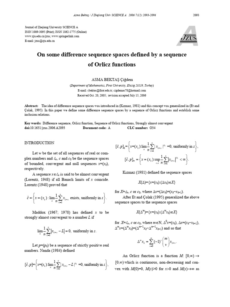 Orlicz Functions and Difference Sequence Spaces | PDF | Sequence ...