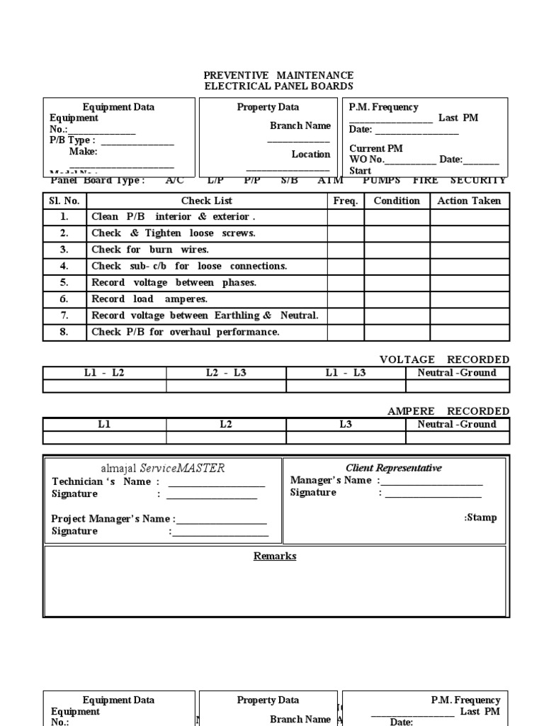 Preventive Maintenance Electrical Form PDF Power (Physics) Equipment