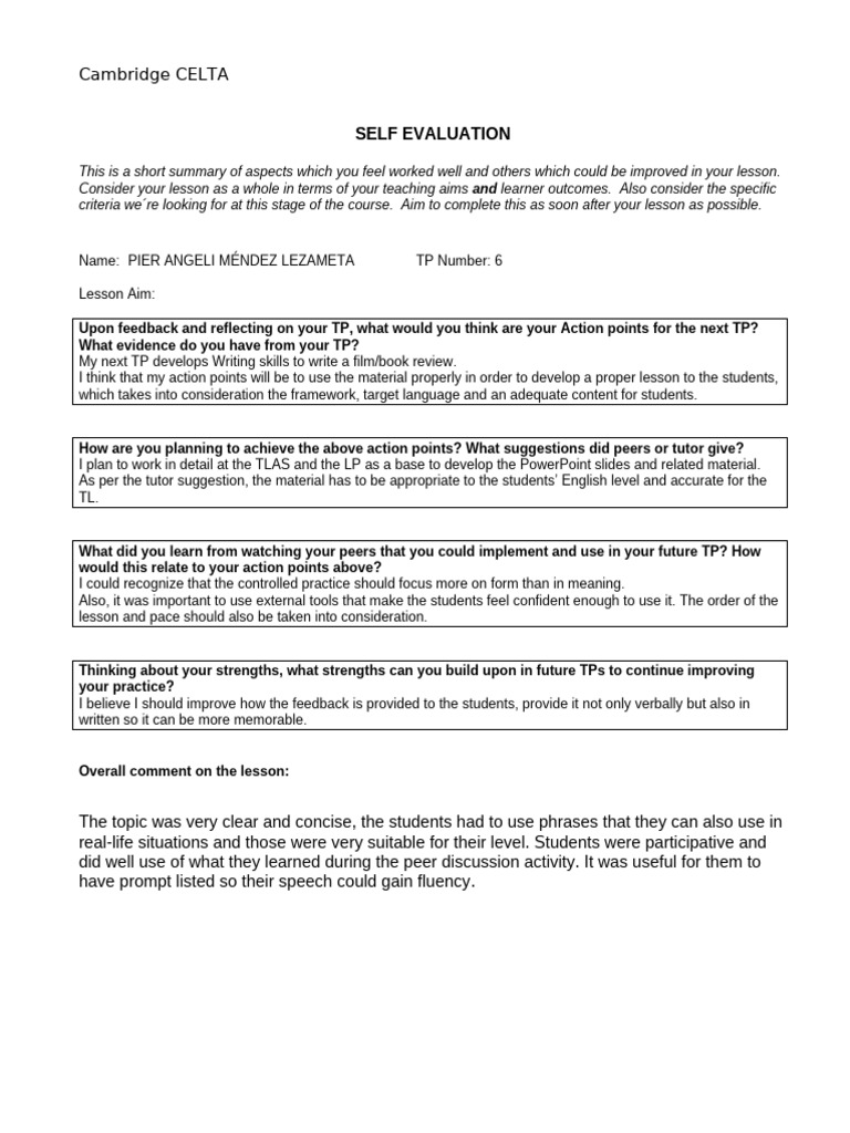 CELTA Self-Evaluation for Teaching Practice | PDF