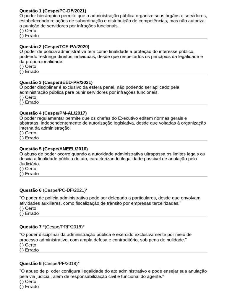 Questões sobre Poderes da Administração Pública | PDF