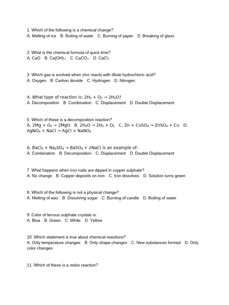 Class 10 Science Chapter 1 MCQs | PDF | Chemical Reactions | Redox