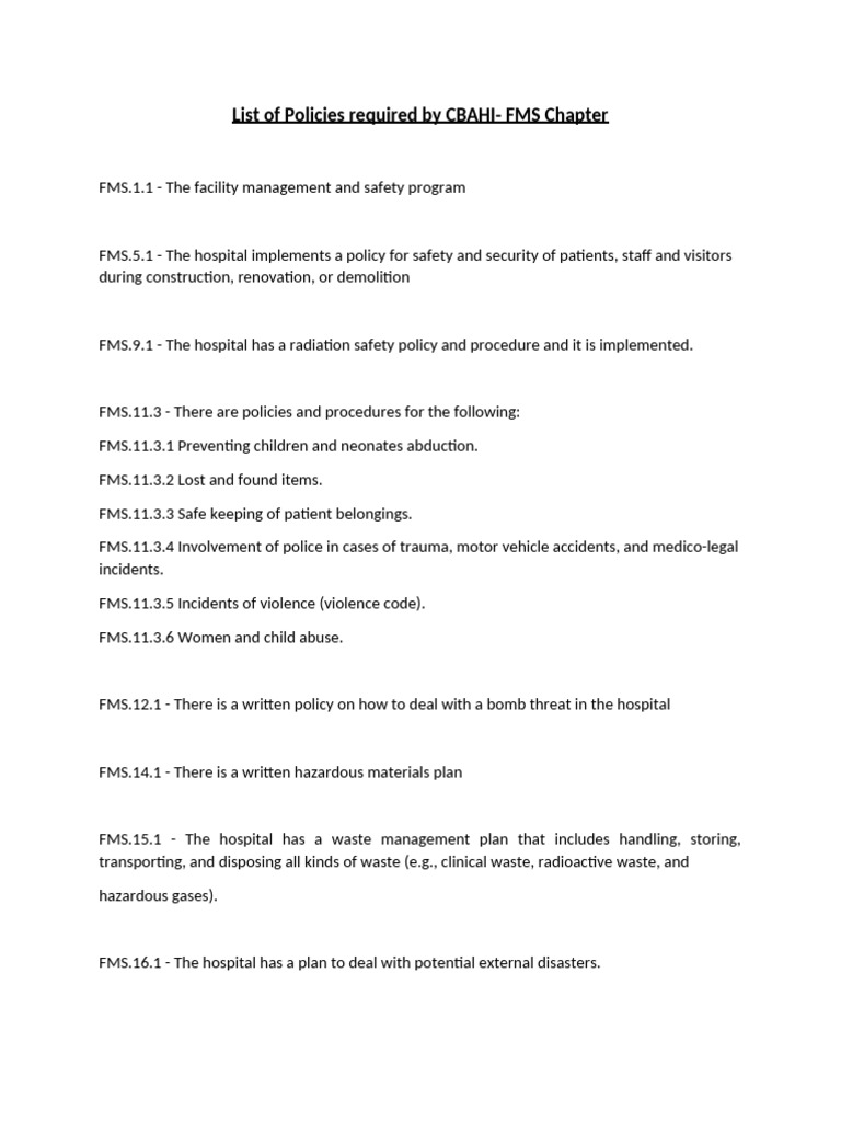 CBAHI Required Hospital Policies List | PDF
