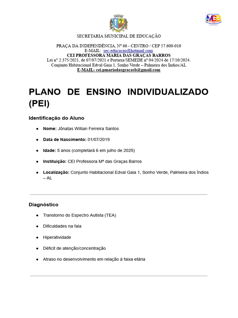 Plano de Ensino Individualizado para TEA | PDF | Comunicação | Pedagogia
