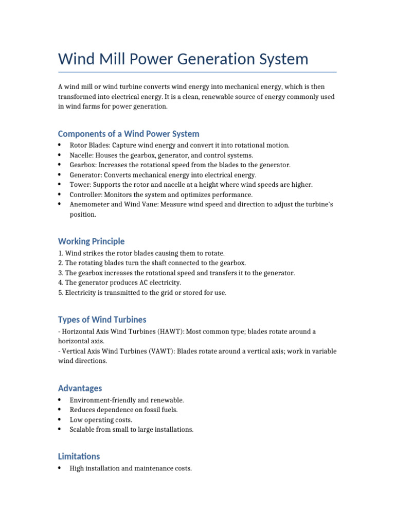 Wind Mill Power Generation System | PDF