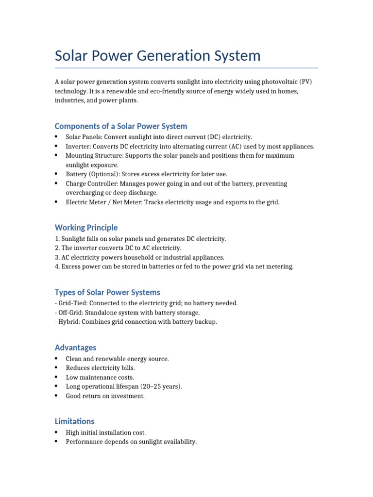 Solar Power Generation System | PDF