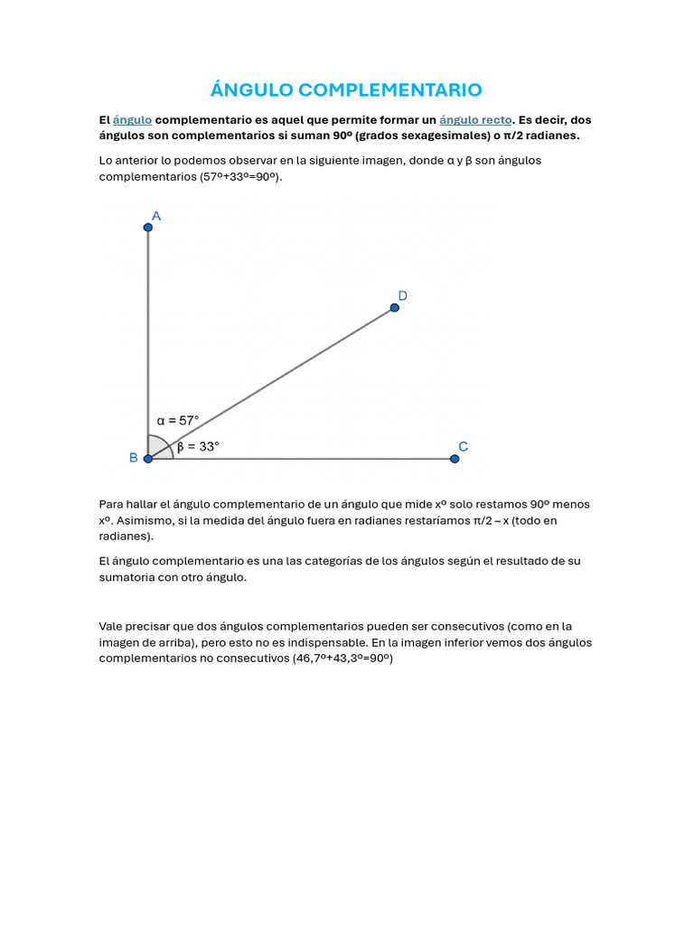 Definición y Ejemplos de Ángulos Complementarios | PDF