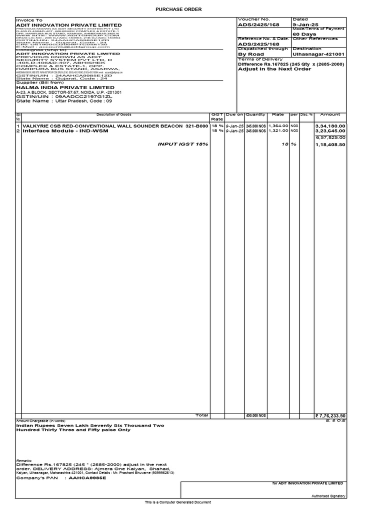 Halma India Pvt. Ltd. Purchase Order | PDF | Payments | Economy Of India