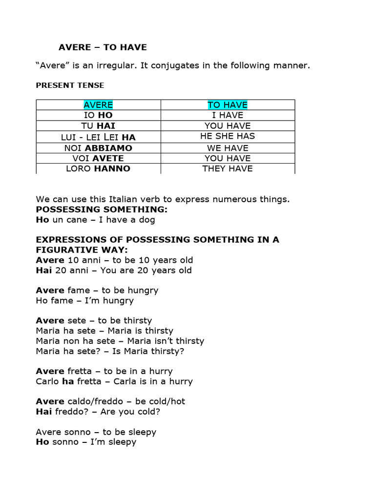 Verbo Avere | PDF