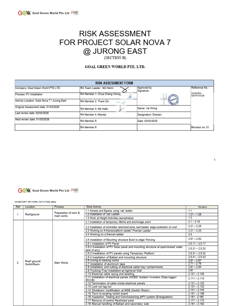 Risk Assessment for Solar Nova 7 Project | PDF | Personal Protective ...