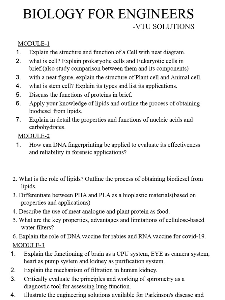 Biology For Engineer's Important Questions | PDF | Cell (Biology) | Biology