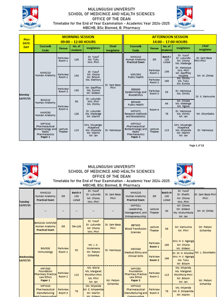 End of Year Exam Timetable 2024-2025 | PDF | Medical School | Medicine
