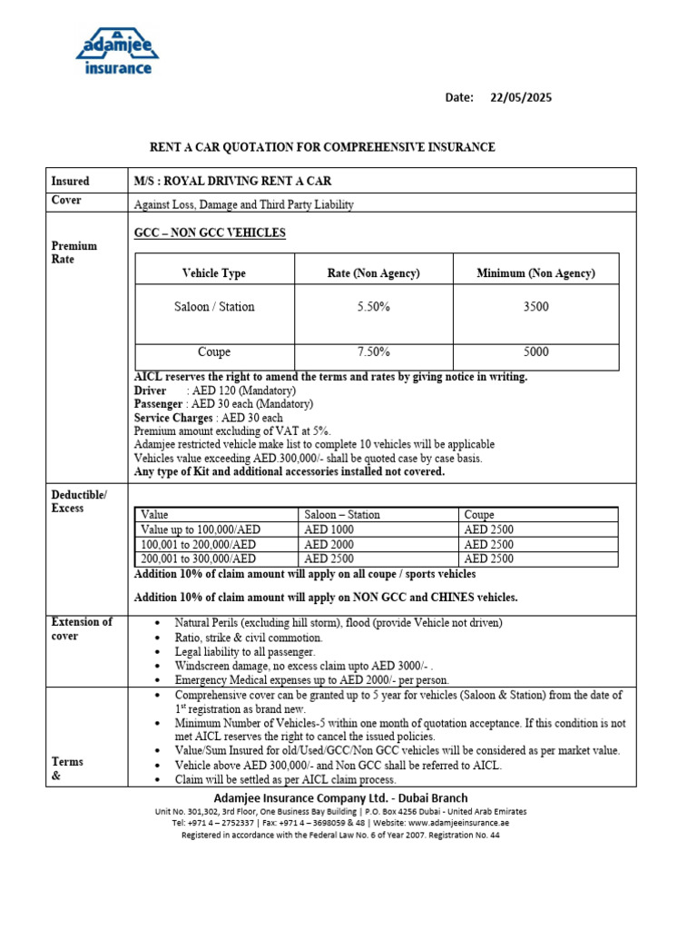 Rent a Car Insurance Quotation Dubai | PDF | Vehicles | Transport