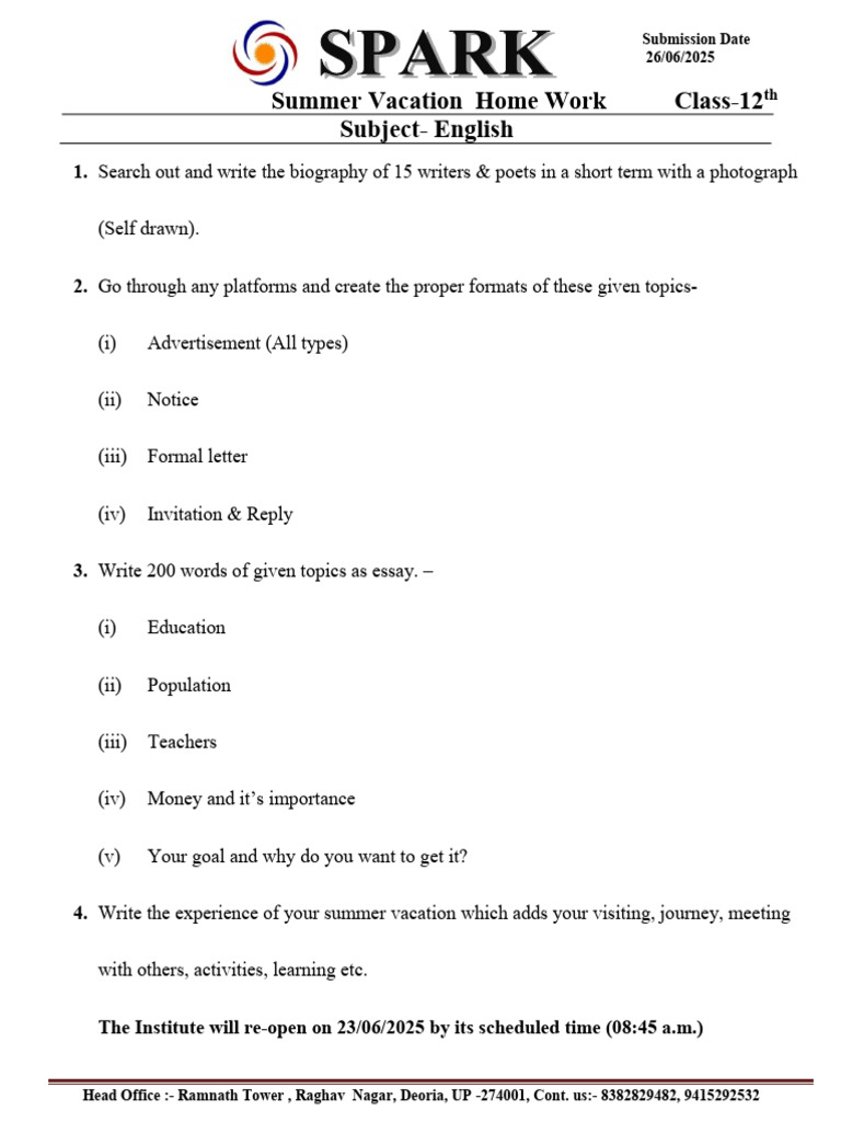 Class-12th ENGLISH (Home Work) 2022-23 | PDF