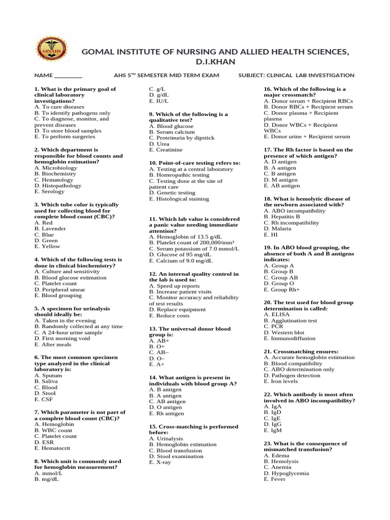 Clinical Lab Investigation Mid Term Paper | PDF | Medical Specialties ...