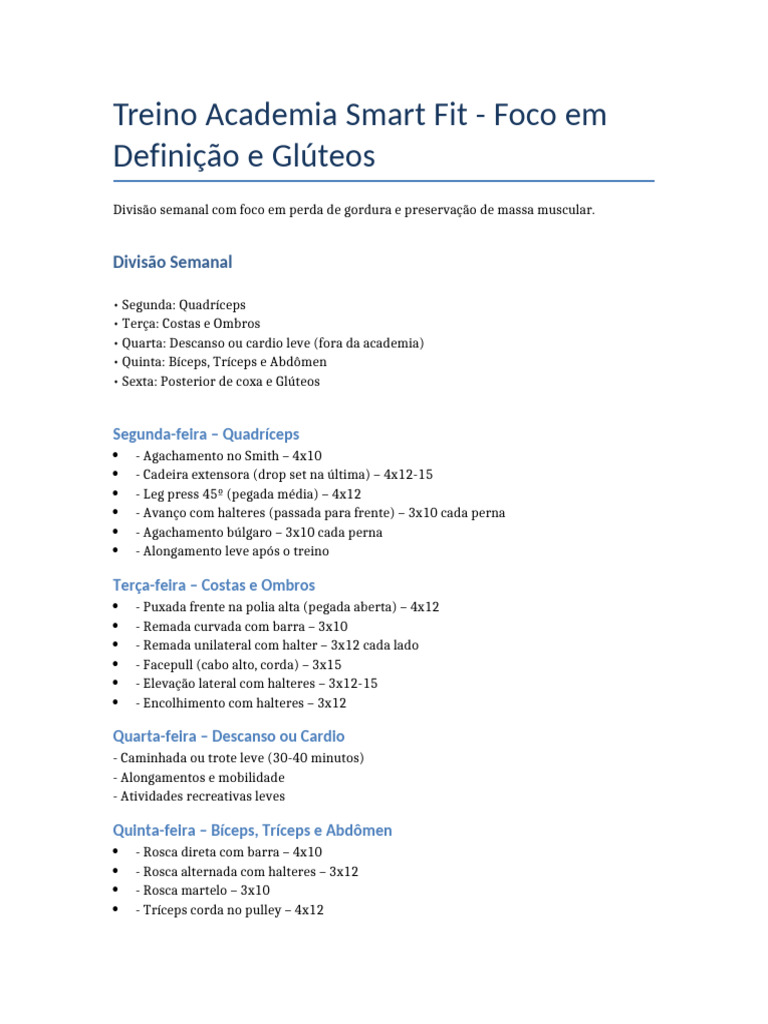 Treino Semanal Smart Fit: Definição e Glúteos | PDF