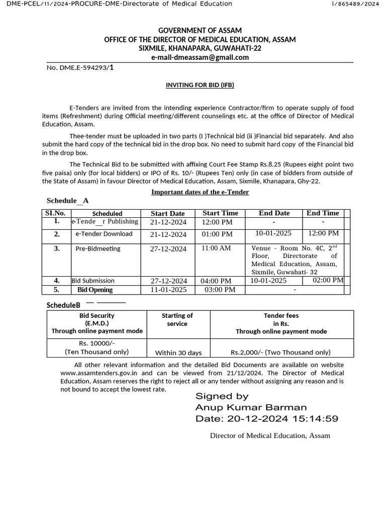 Assam Medical Education Food Supply Tender | PDF | Receipt | Hamburgers