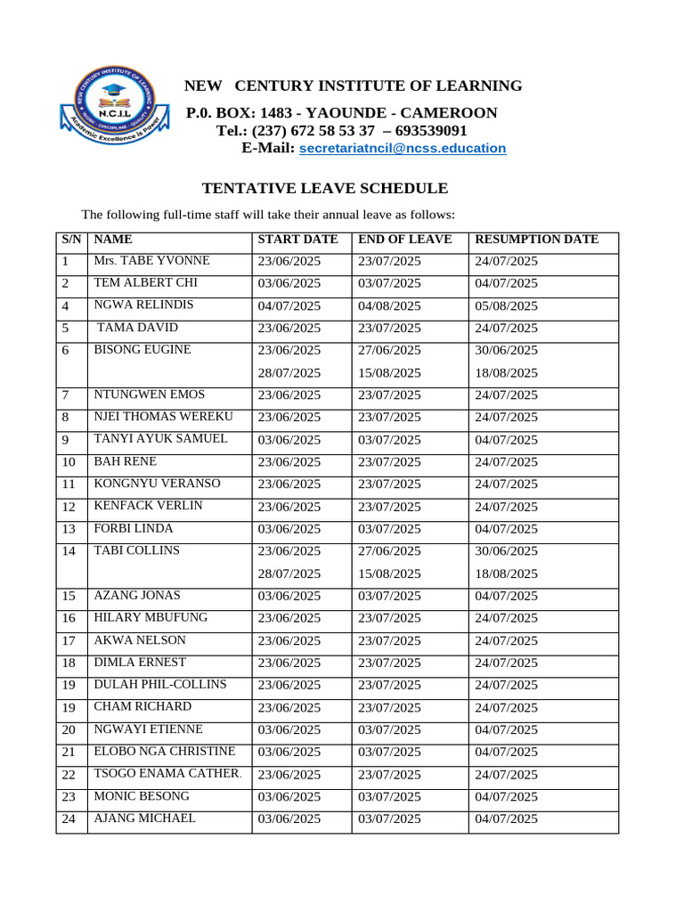 Tentative Leave Schedule 2025 | PDF