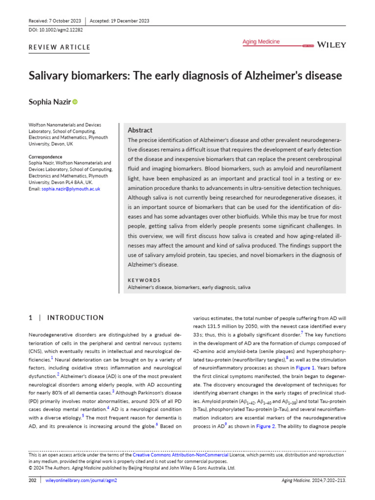 Salivary Biomarkers for Alzheimer's Diagnosis | PDF | Dementia ...