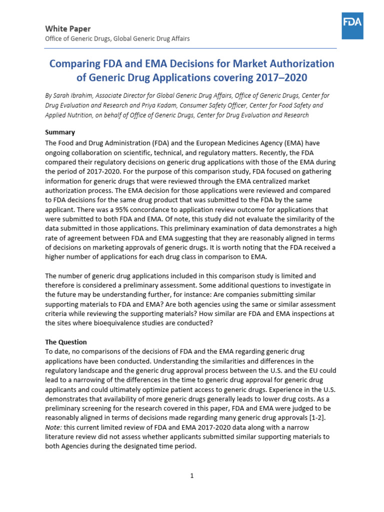 FDA-EMA Comparison of Generic Drug Applications (Final) - 0 | PDF ...