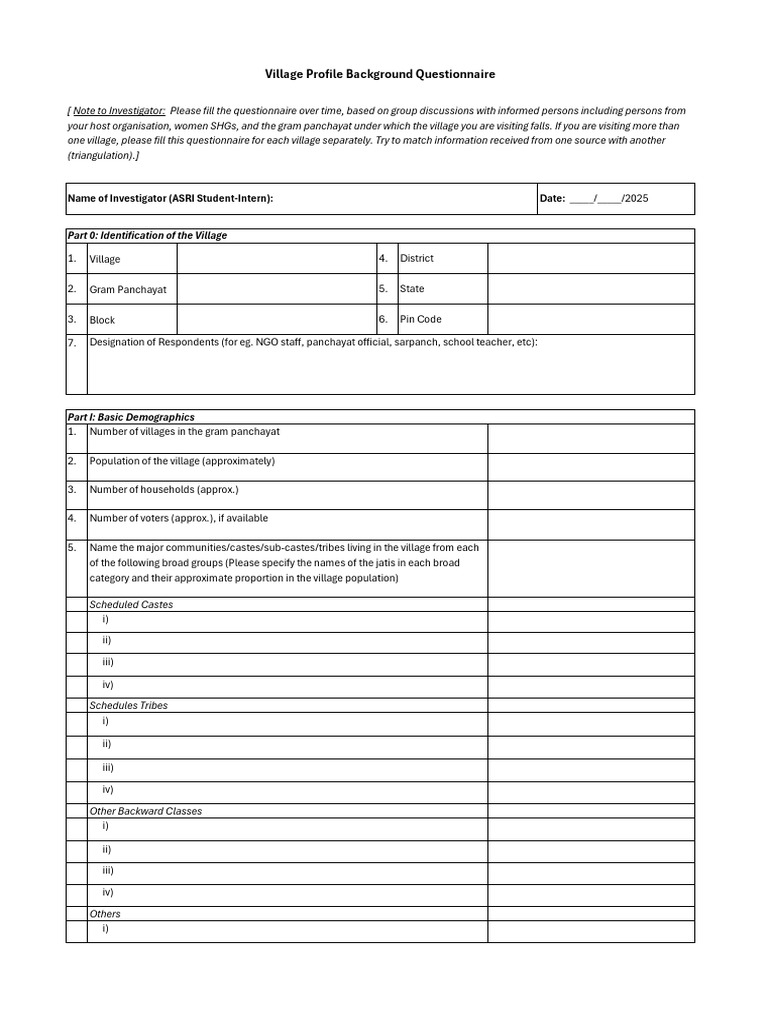 Village Survey Questionnaire Guide | PDF | Government Of India