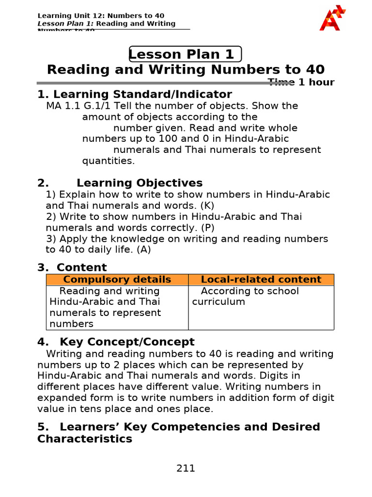 Lesson Plan 12-1 Reading and Writing Numbers To 40 | PDF | Learning ...