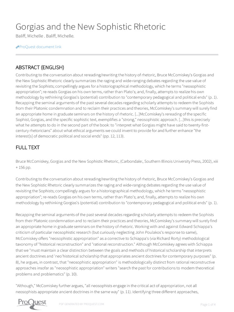 Gorgias and The New Sophistic Rhetoric: Abstract (English) | PDF ...