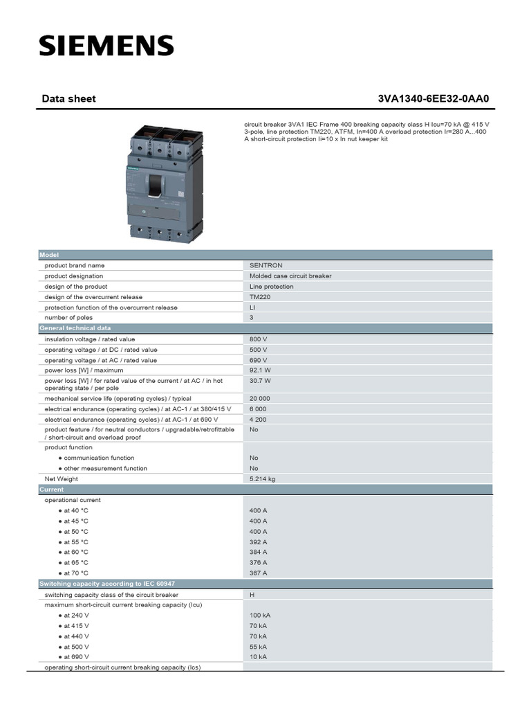 Siemens 3VA1 Circuit Breaker Data Sheet | PDF | Alternating Current ...