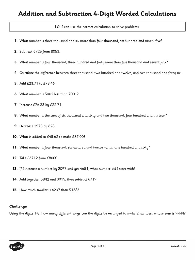 T2 M 1443 Addition and Subtraction 4 Digit Worded Calculations | PDF