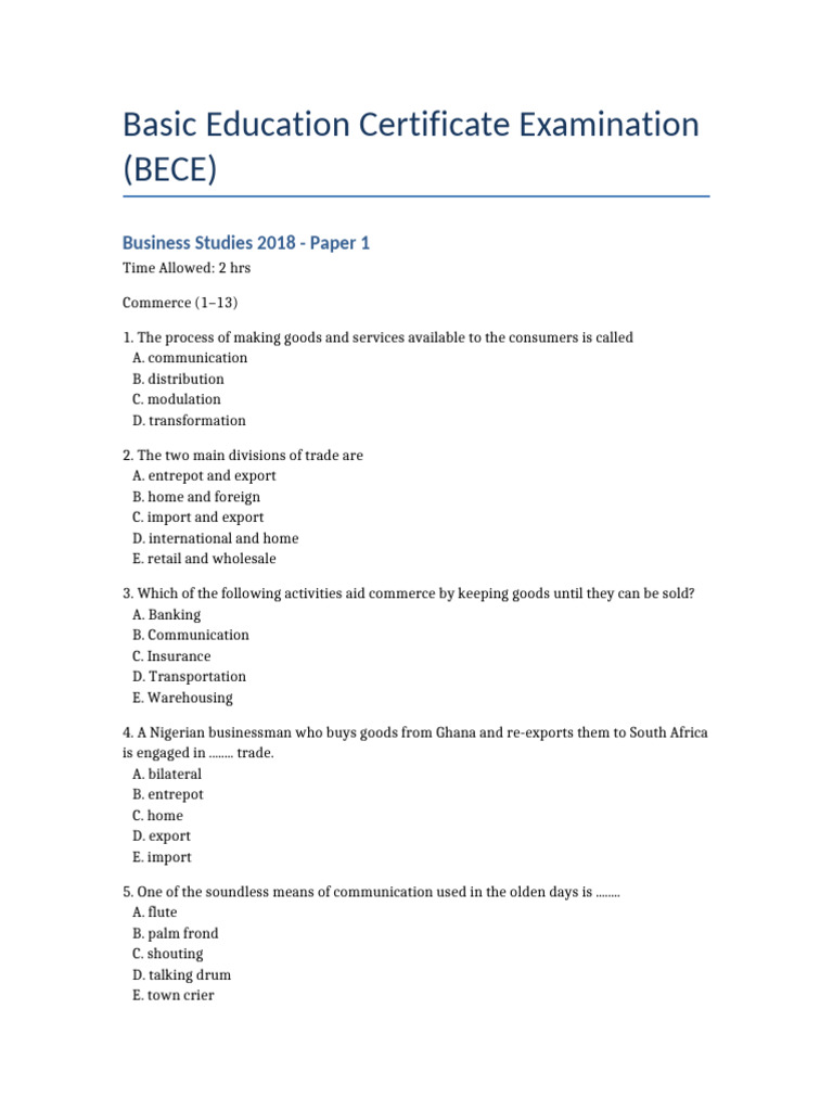 BECE 2018 Business Studies Questions | PDF