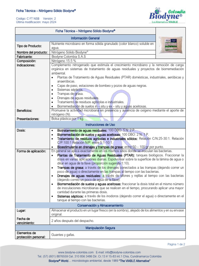 Nitrógeno Sólido Biodyne®: Ficha Técnica | PDF | Tratamiento de aguas ...