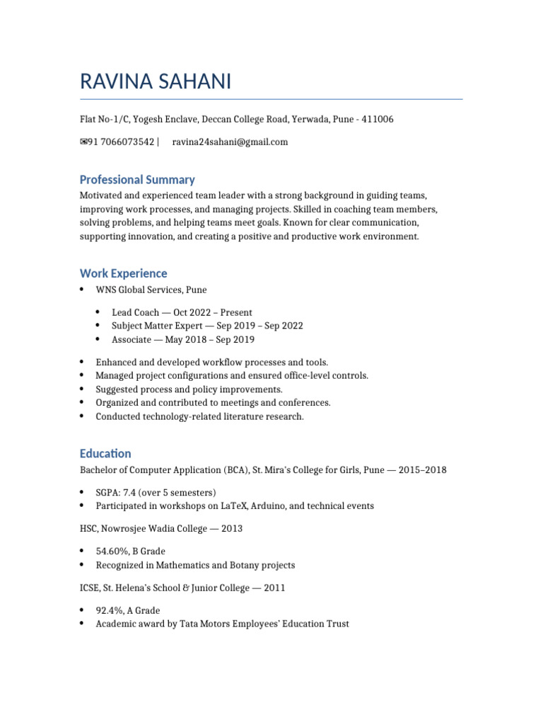Ravina Sahani's Professional Profile | PDF