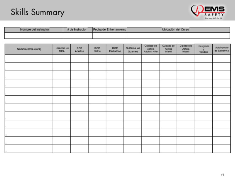 Skills Summary Page CPR AED FA Spanish | PDF