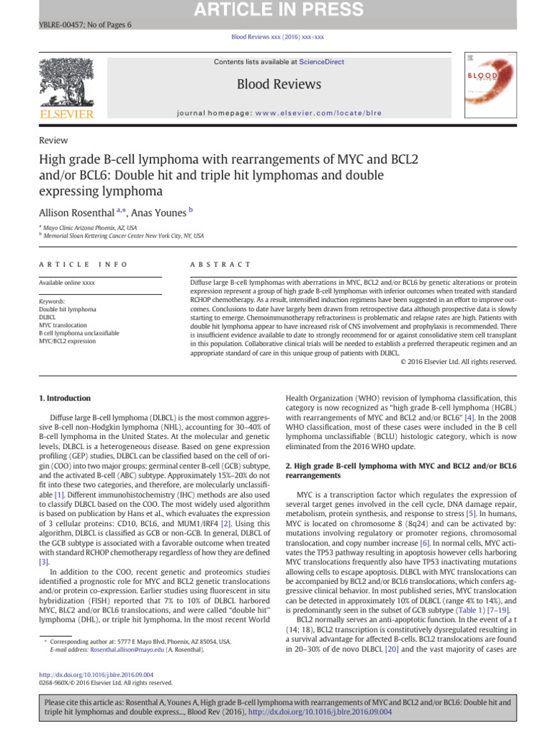 High Grade B-Cell Lymphoma With Rearrangements of MYC and BCL2 And/or ...