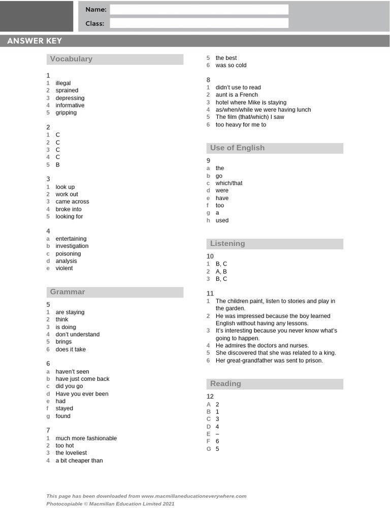 B1 Mid-Year Test Higher Answer Key | PDF