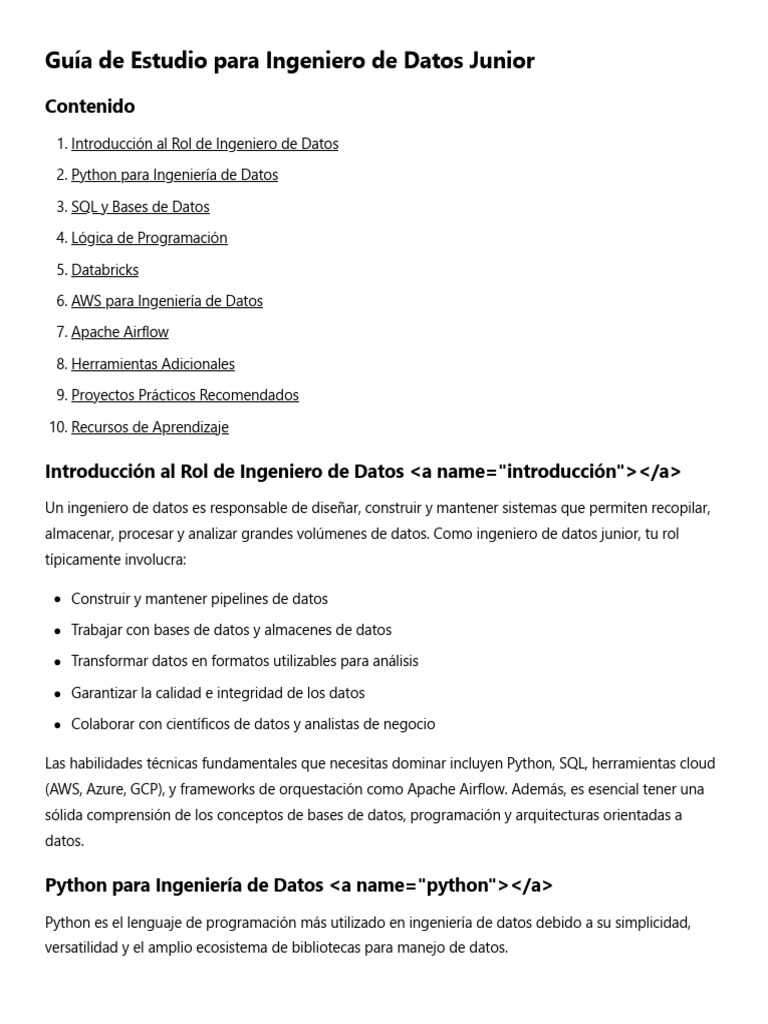 Guía de Estudio para Ingeniero de Datos Junior | PDF | SQL | Python ...