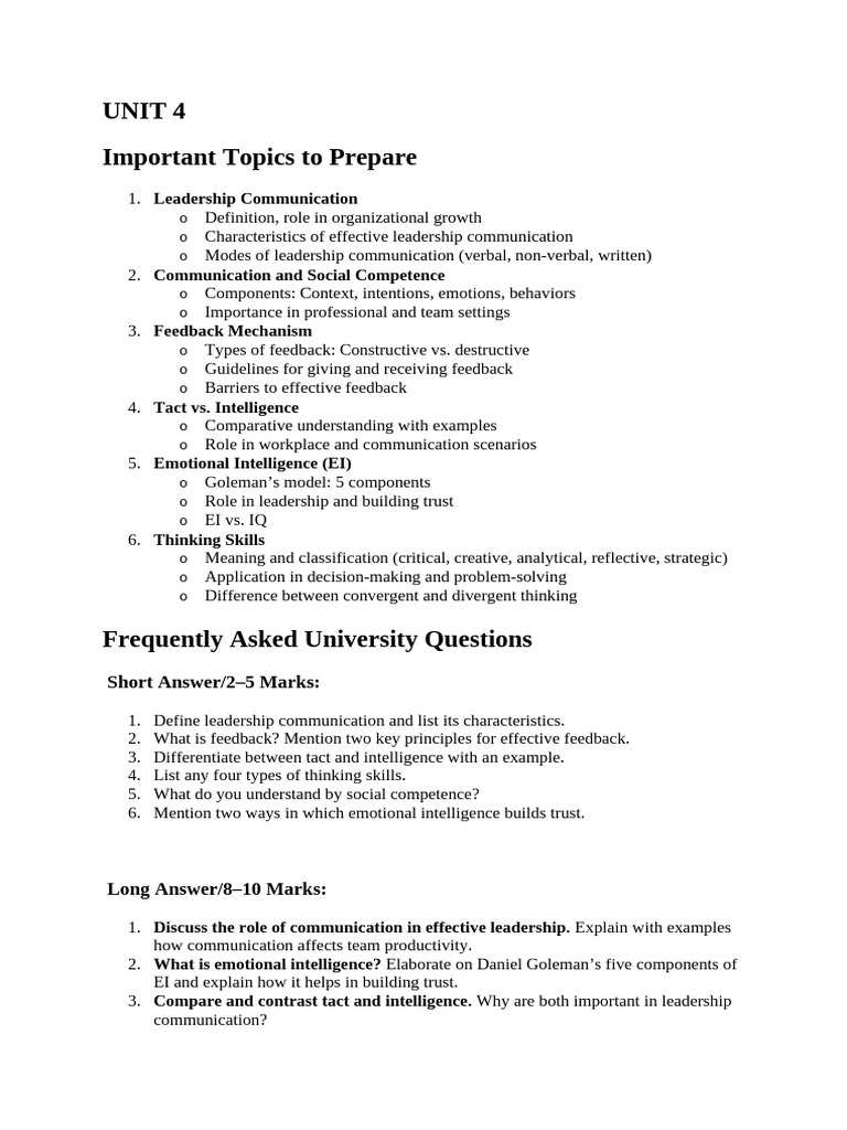 Unit 4 Notes | PDF | Communication | Emotional Intelligence